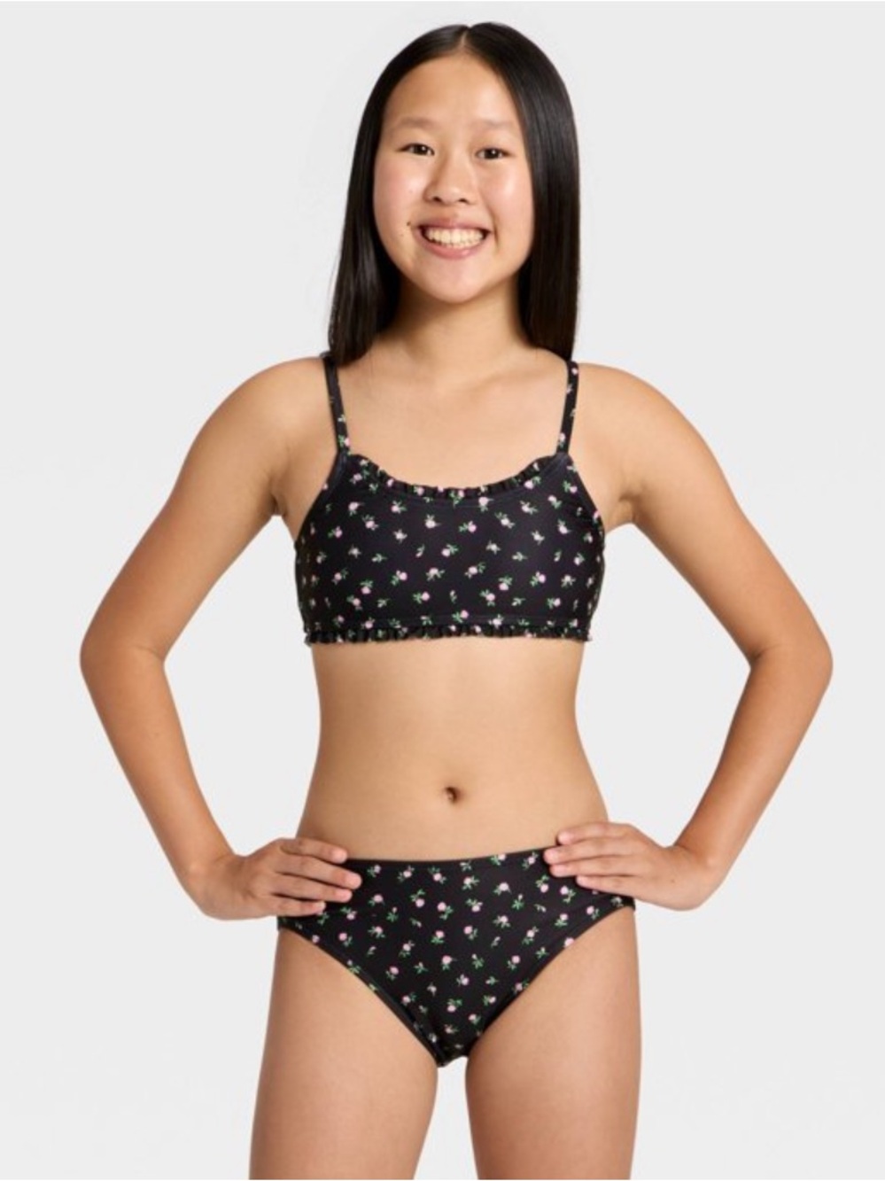 Black Floral Kids Bikini Set - Cute Two-Piece Swimwear